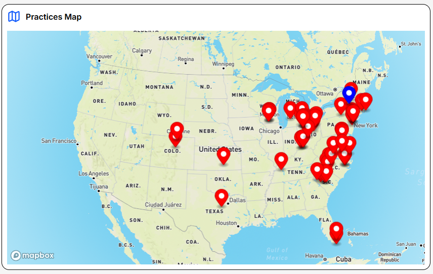 EPD Interactive Map — U.S. map showing veterinary practice locations with pin markers